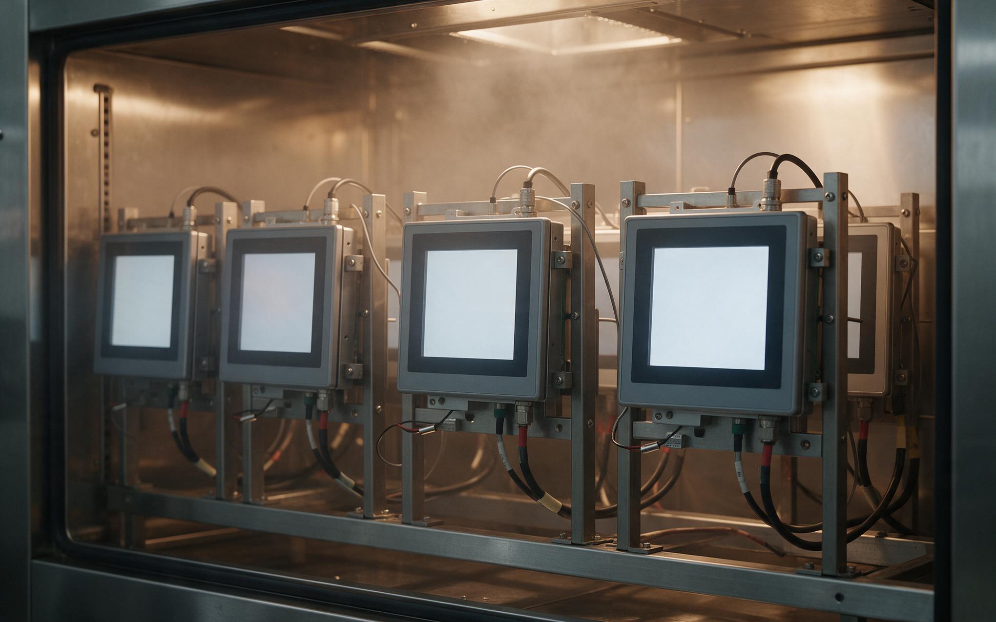 Thermal run-in rack before packing Industrial touch screen display units powered on inside a thermal run-in chamber on a screening rack