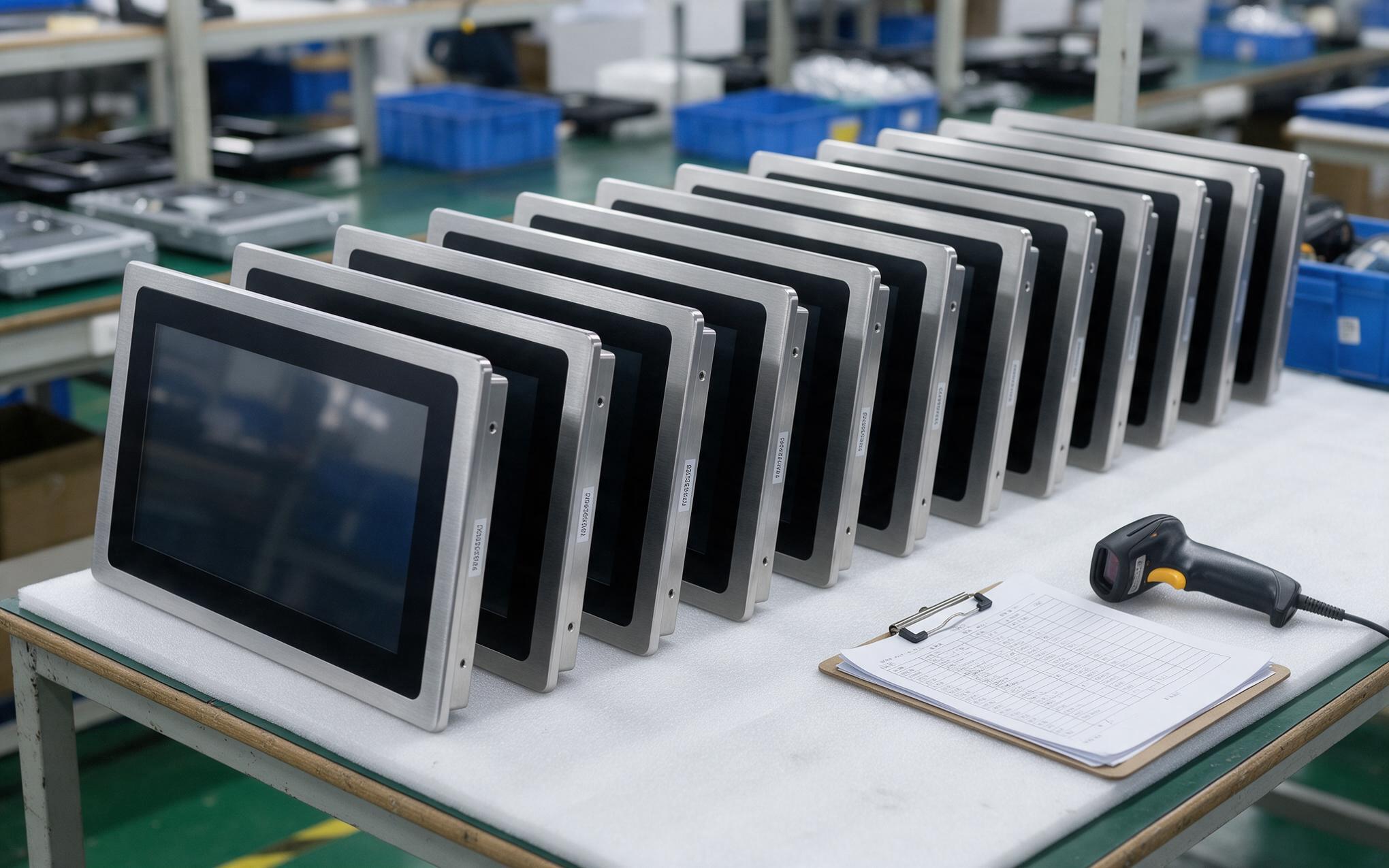 Release records tied to serial numbers Serial numbered industrial touch screen display units lined up with release inspection records at final release