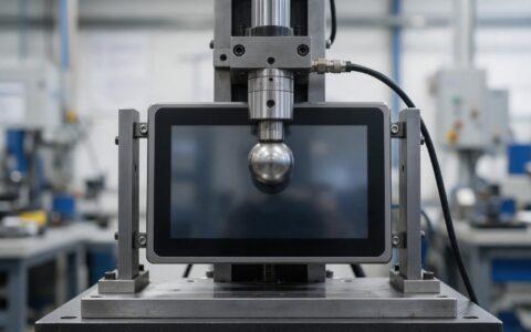 Certification impact test rig striking the front of an industrial panel PC touch screen mounted on a steel test frame