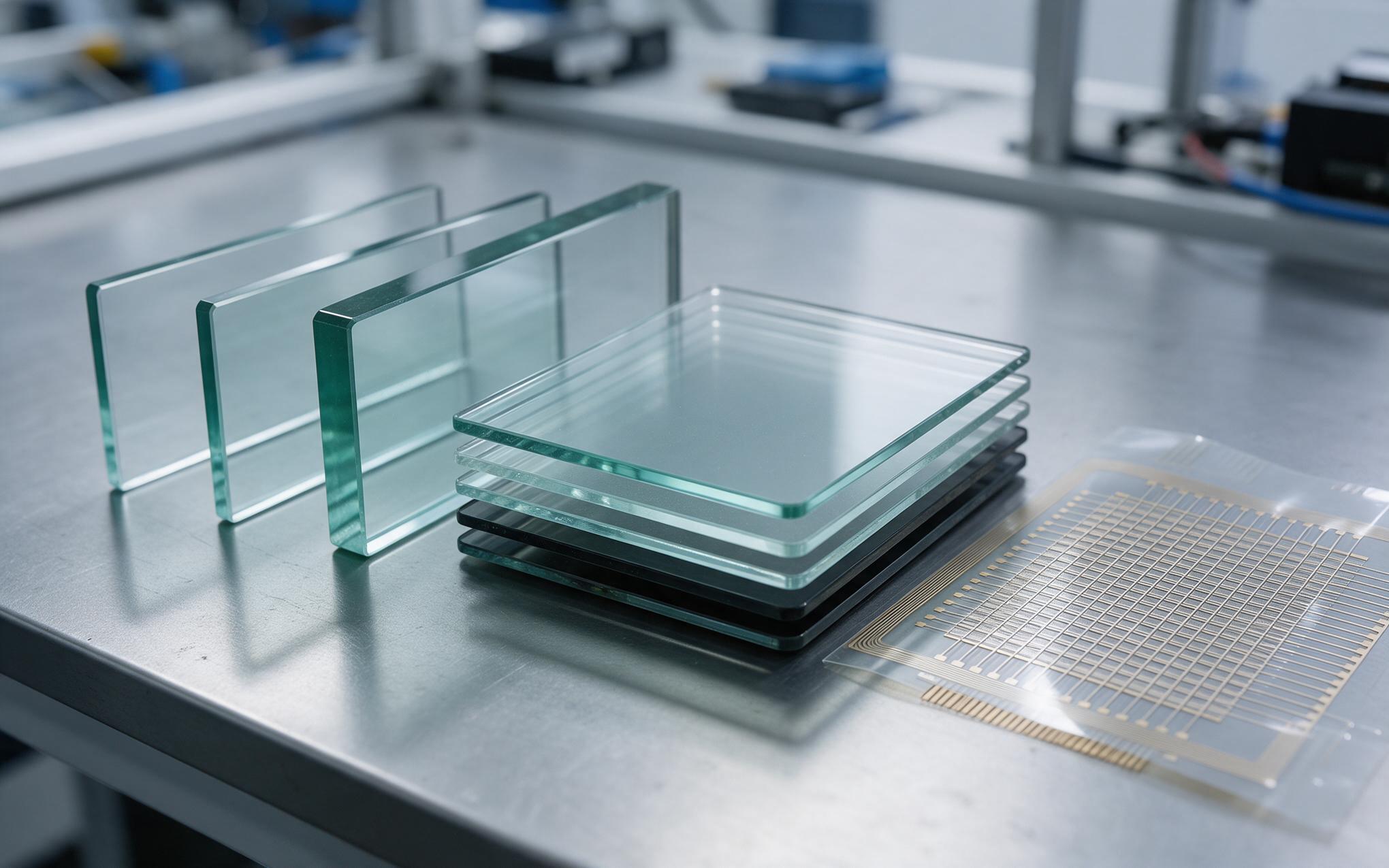 Cover glass layers over the touch sensor grid Layered cover glass and sensor laminate section showing glass thickness over the electrode grid of a touch panel