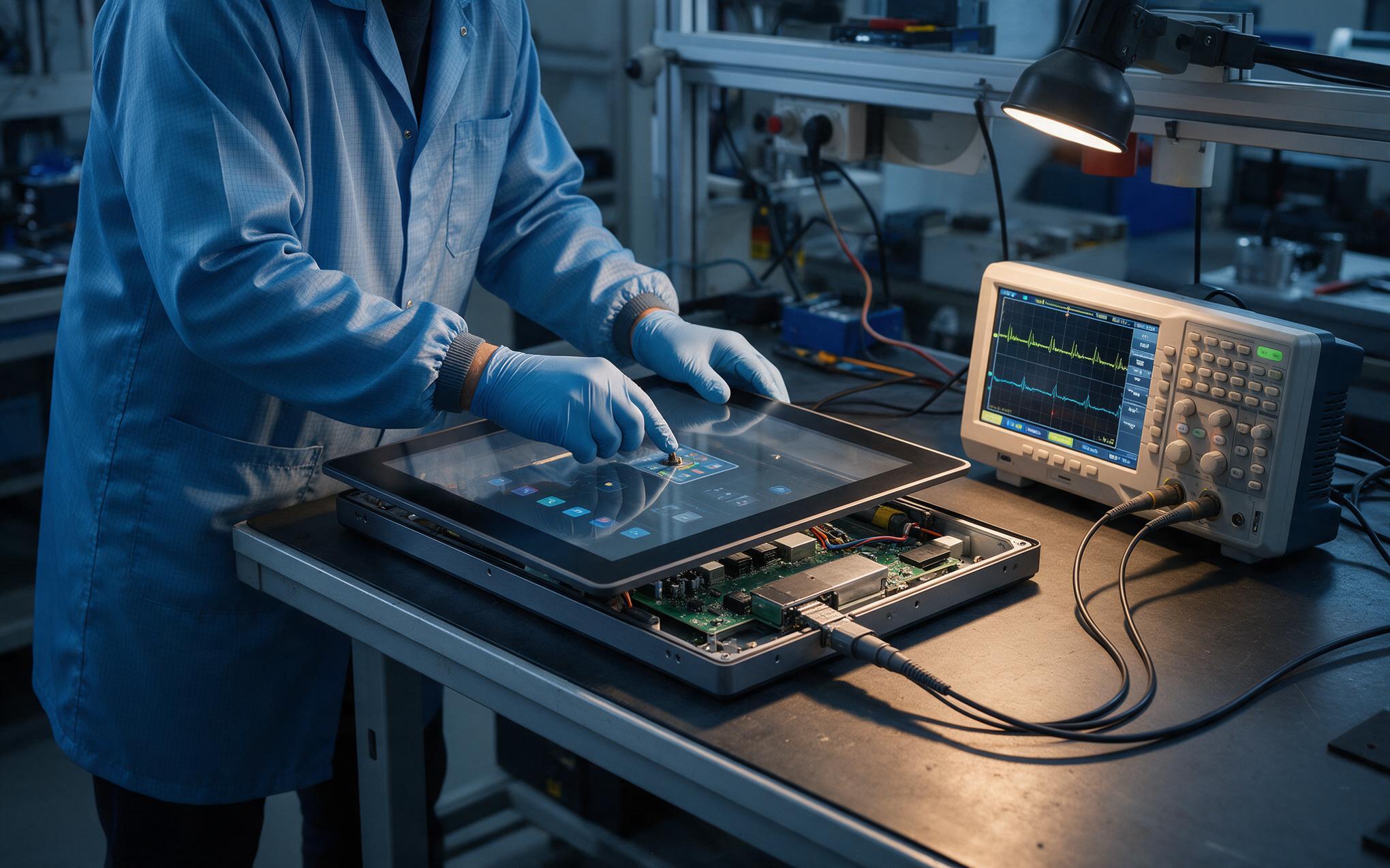 Touch controller tuning on a cabinet test bench Engineer tuning touch response thresholds on a panel PC behind thick cover glass inside a control cabinet test bench