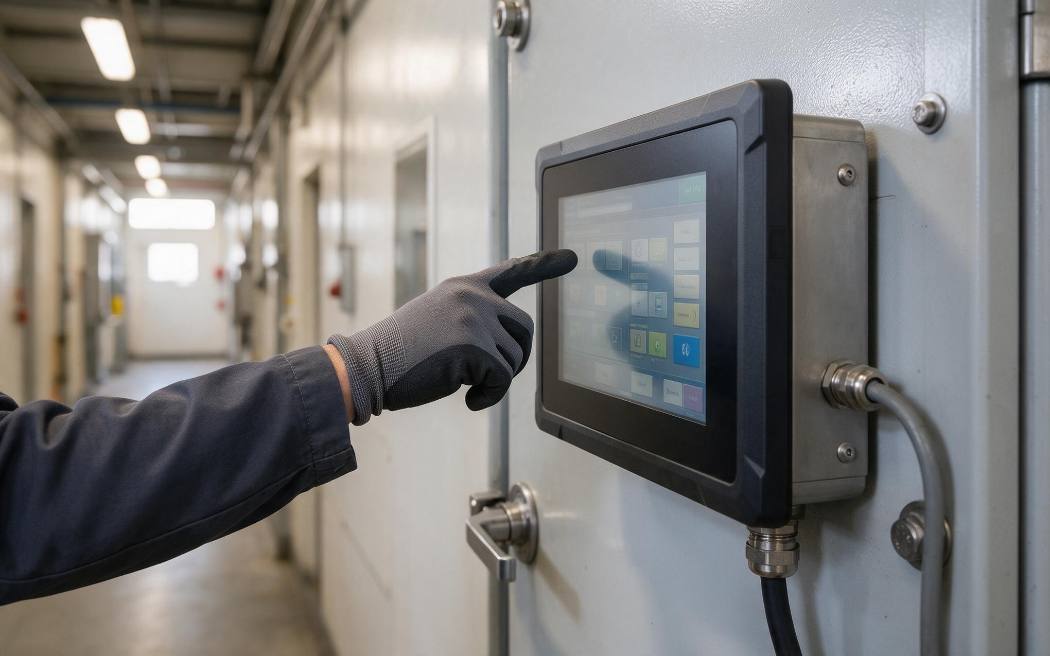 Gloved operator using an IK rated panel PC Gloved operator tapping an IK rated industrial panel PC touch screen mounted on a painted steel machine door in a plant aisle