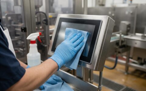 Rugged Touch Screen Display Glass for Sanitizers vs Solvents Gloved operator wiping the front of a rugged touch screen display at a sanitation station on a food processing line