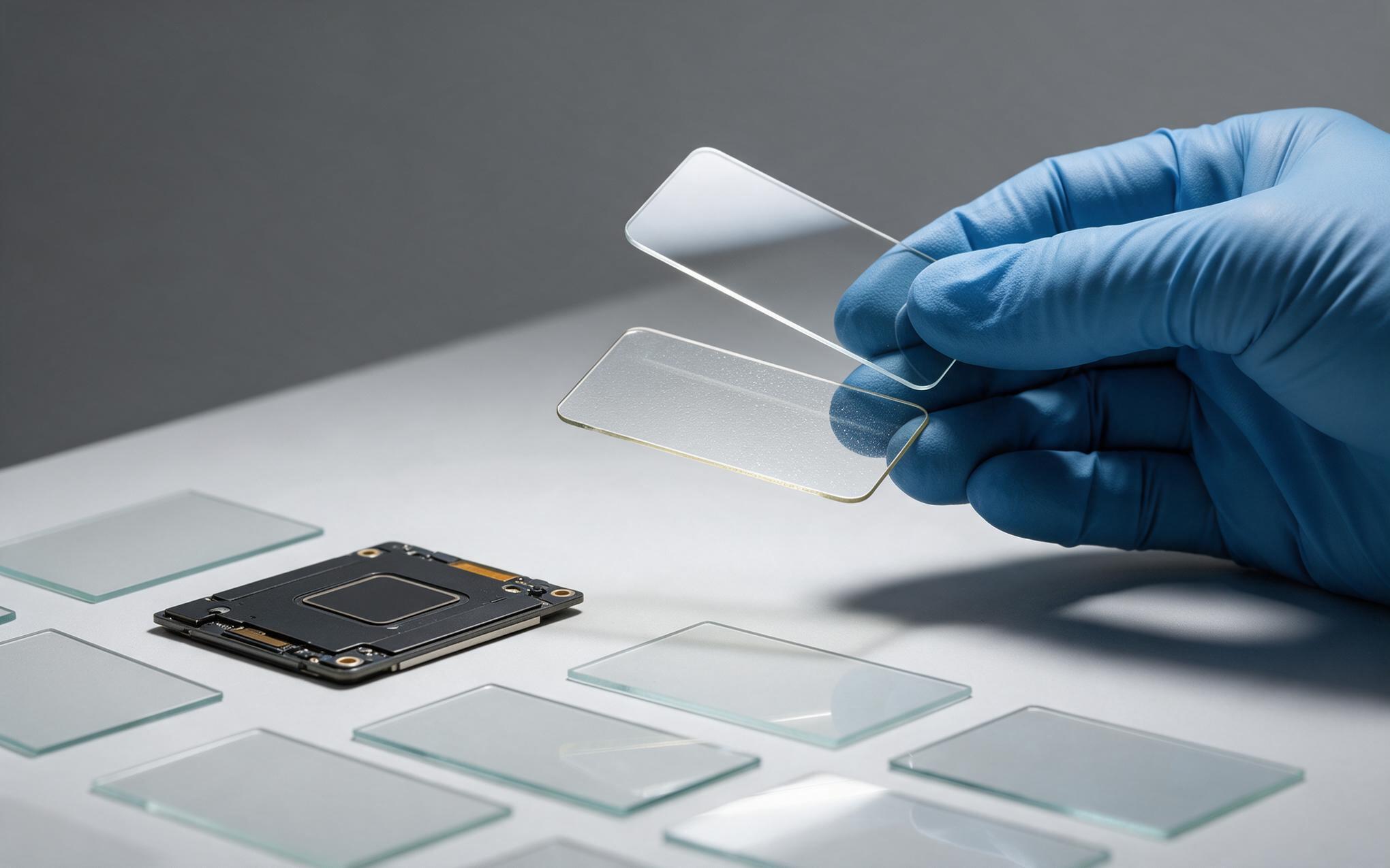 Sample sheets of tempered and chemically hardened cover glass arranged beside a touch sensor module on a laboratory bench