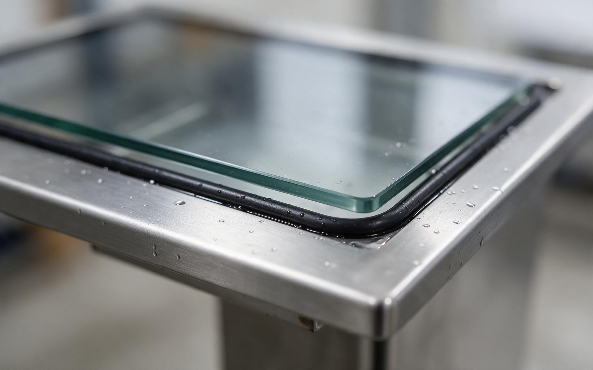Close view of an EPDM gasket bead sealing cover glass into a stainless front frame on an industrial touch terminal