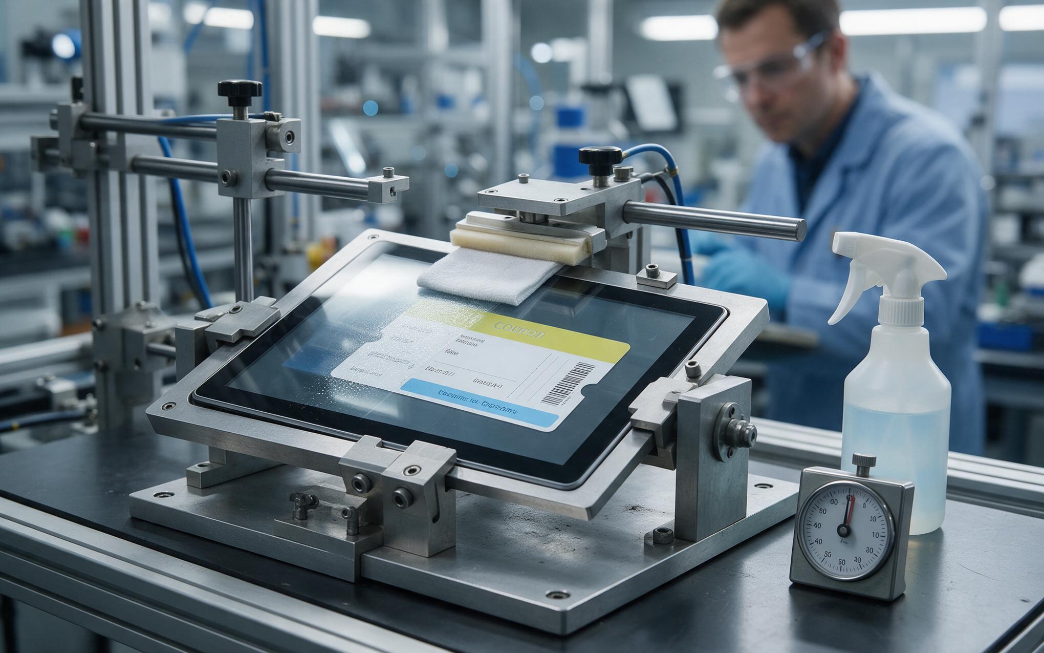 Wipe cycle durability test rig applying sanitizer to a rugged touch screen display coupon in a plant test lab