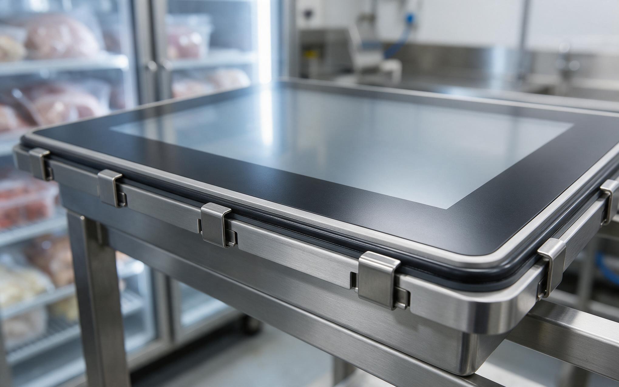 Sealed front bezel and gasket edge of an industrial touchscreen monitor on a refrigerated processing line