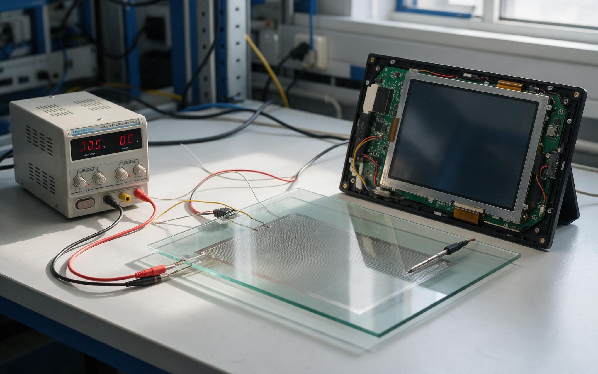 Transparent front glass heater film wired to a bench power supply beside a disassembled industrial panel display