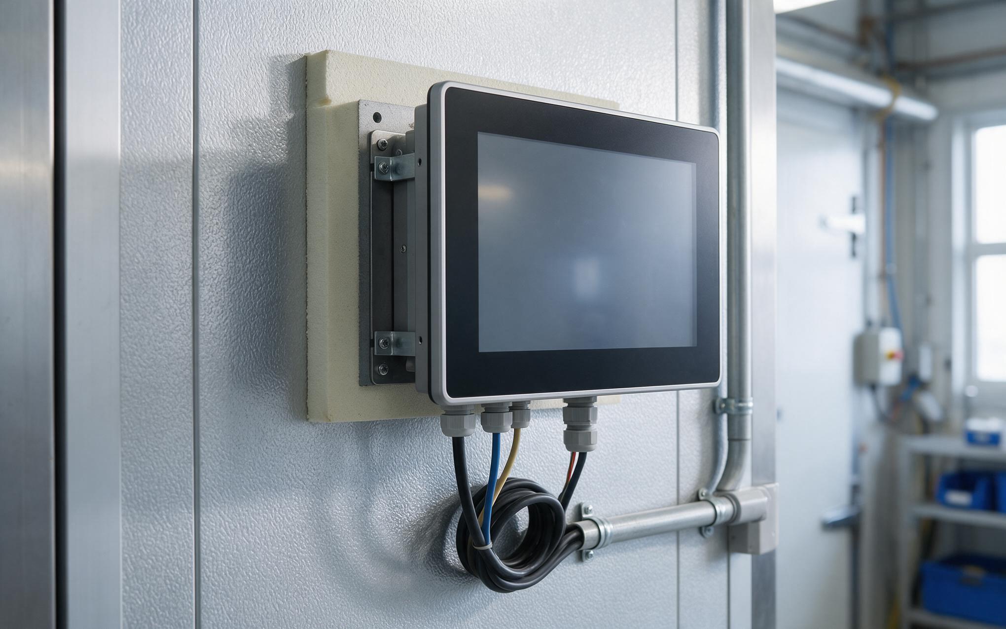 Industrial touchscreen monitor mounted to an insulated cold room wall with a backing plate and drip loop glands
