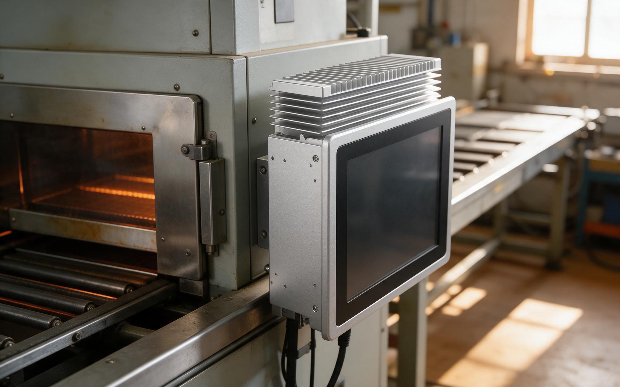 Fin field beside a curing oven Finned aluminum heat sink on a fanless aluminum alloy industrial pc installed beside an industrial curing oven