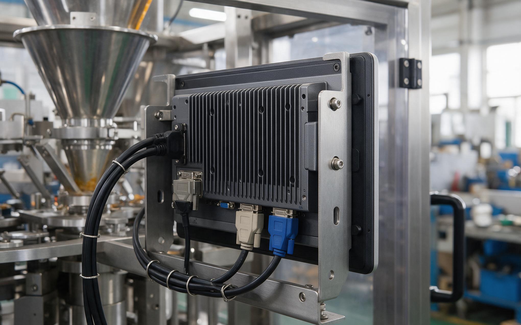 Panel mount with lockable connectors Aluminum alloy industrial pc with lockable connectors on a panel mount bracket inside a vibrating packaging line frame