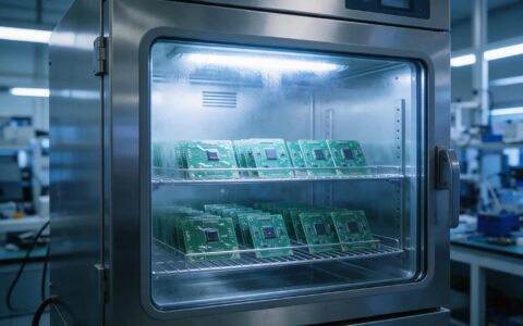 Environmental test chamber holding coated sample coupons for conformal coating industrial PCB qualification