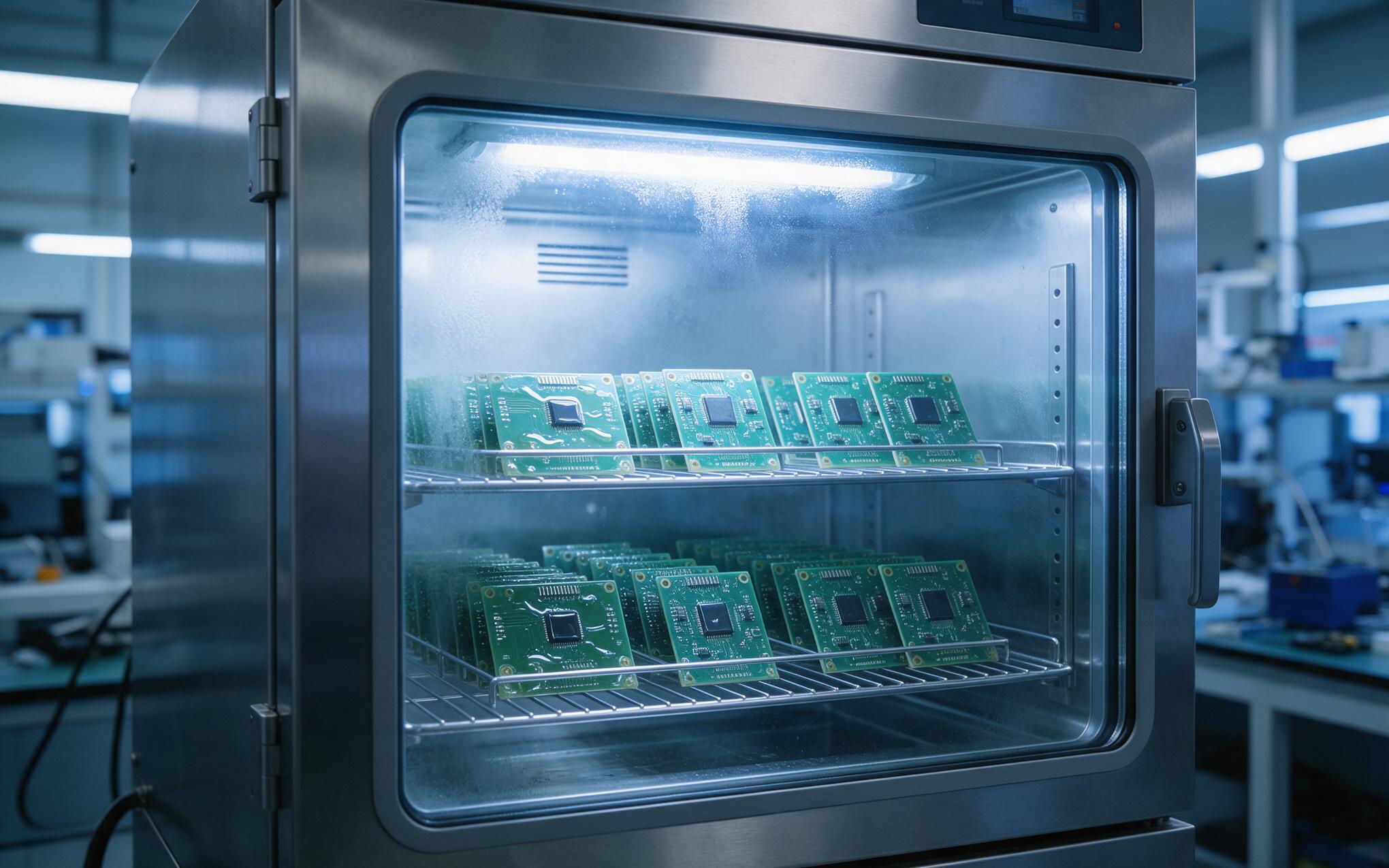 Environmental test chamber holding coated sample coupons for conformal coating industrial PCB qualification