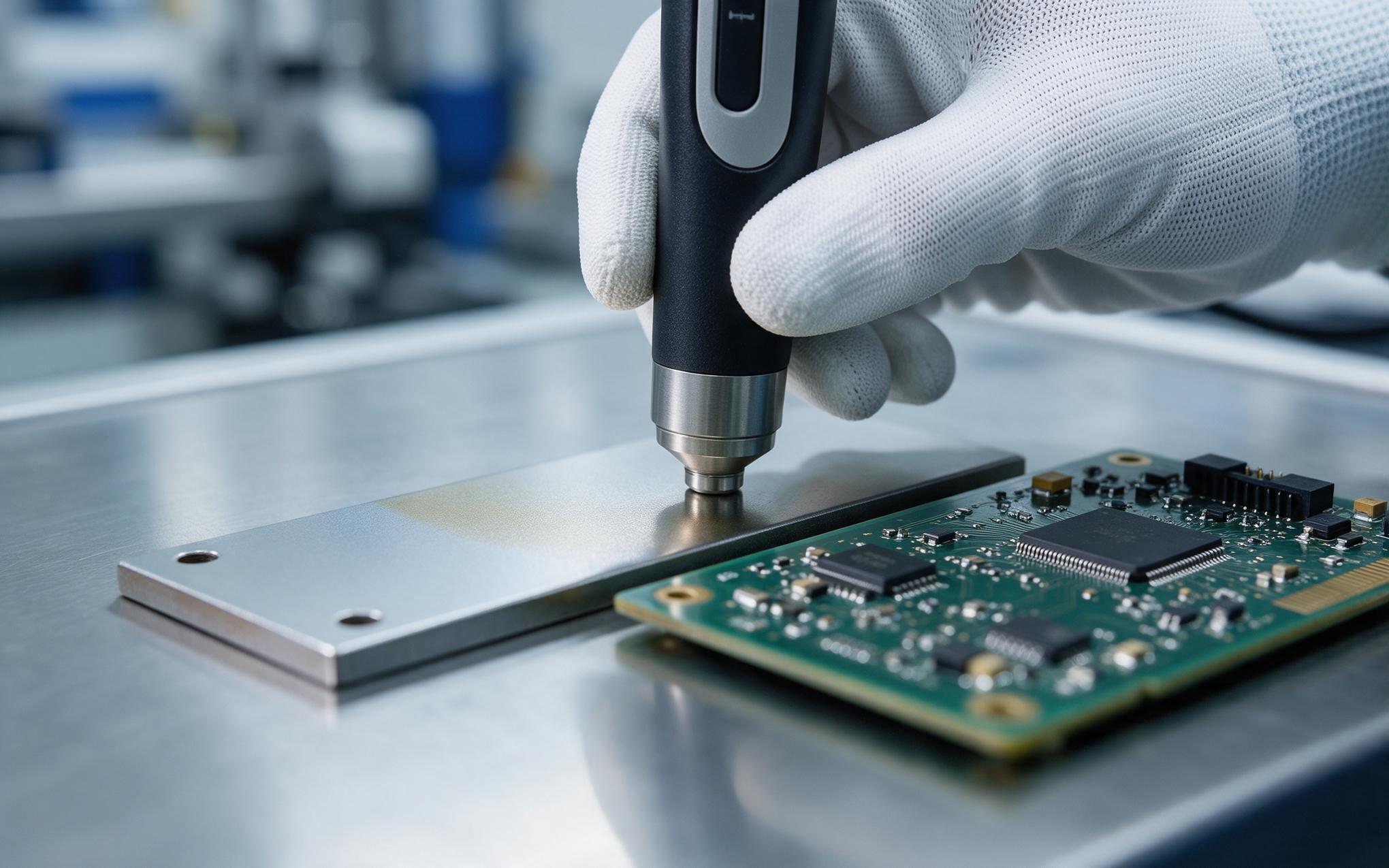 Coating thickness gauge probe on a witness panel beside a coated industrial circuit board