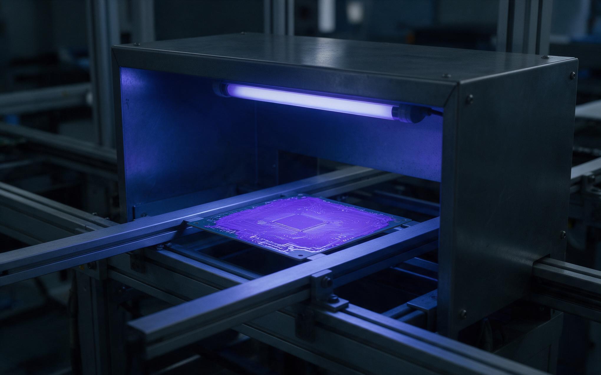 Ultraviolet tracer inspection of a coated circuit board at a conformal coating inspection station