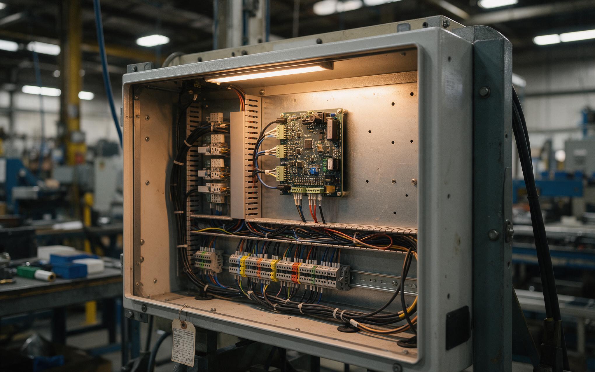 Coated control board installed in an industrial control enclosure with a manufacturing traveler tag