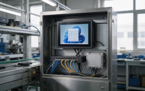 Fanless industrial pc windows 10 unit mounted in a steel control cabinet beside an isolated network switch on a production line