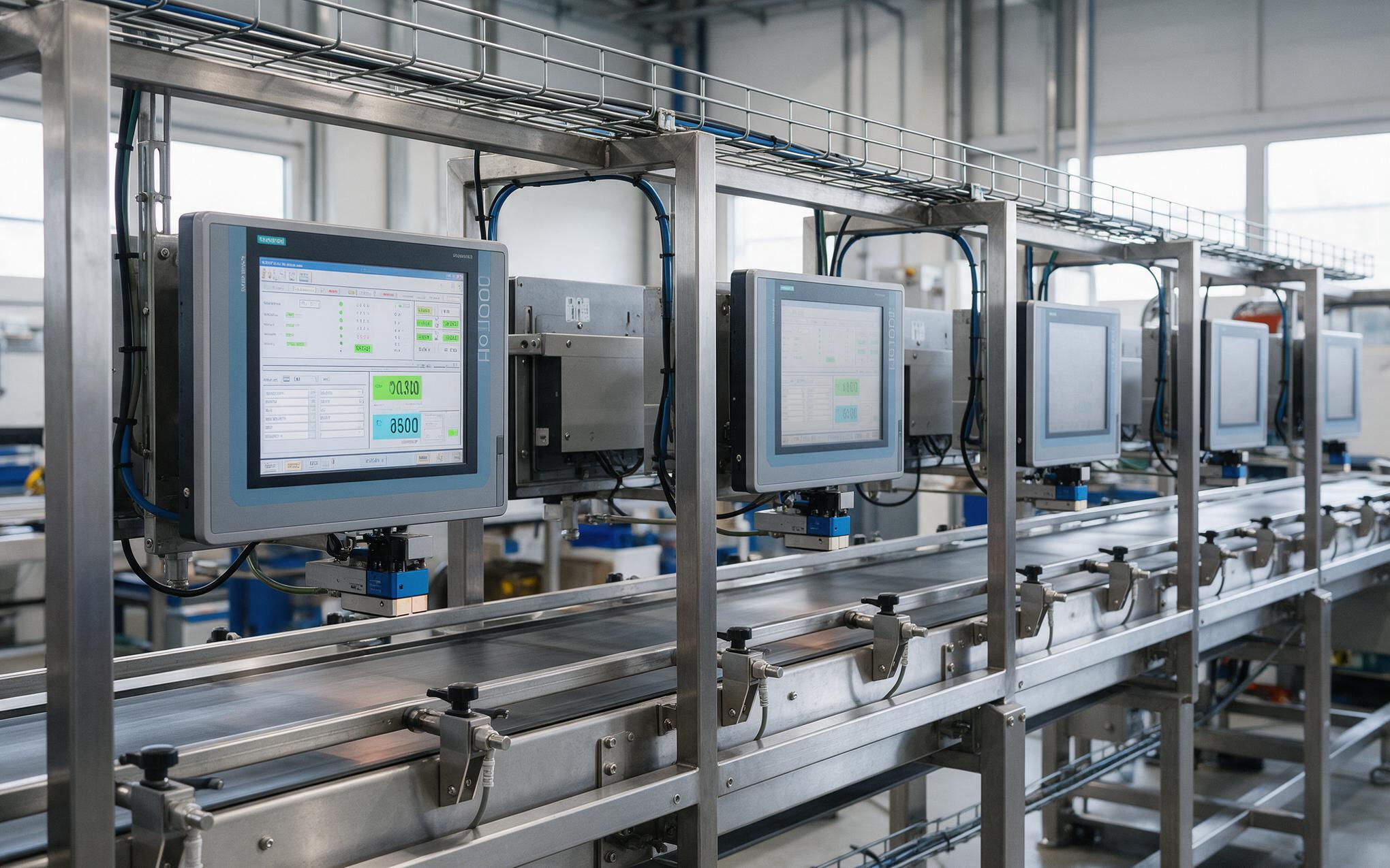 Independent stations without a shared clock Row of panel mounted industrial computers along an automated packaging conveyor running without a shared time reference
