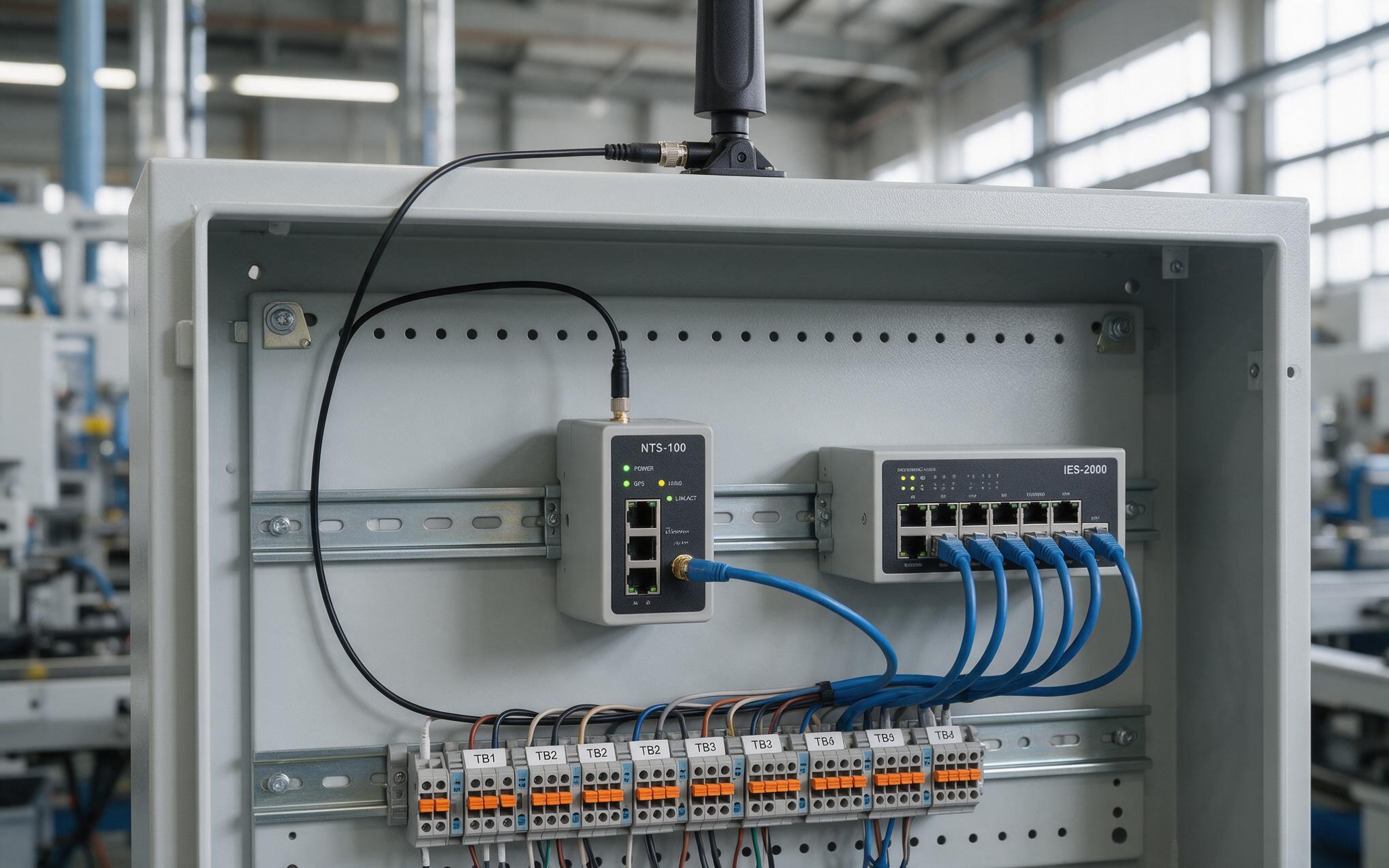 Local time server on the control network Din rail mounted ntp time server appliance with antenna lead inside a plant floor control cabinet next to a managed switch