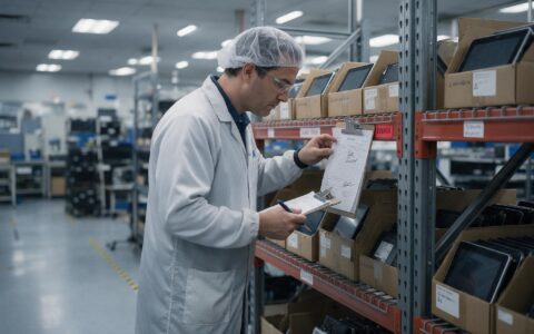 Auditor with a clipboard checking a red tagged quarantine shelf at an industrial panel pc supplier receiving area