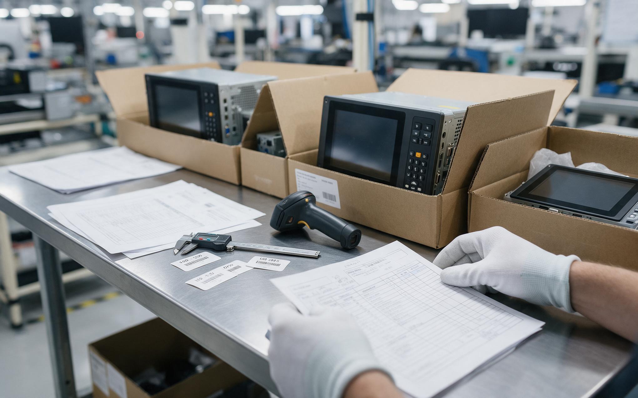 Receiving inspection bench with lot labels, date codes and printed test reports beside incoming panel PC cartons
