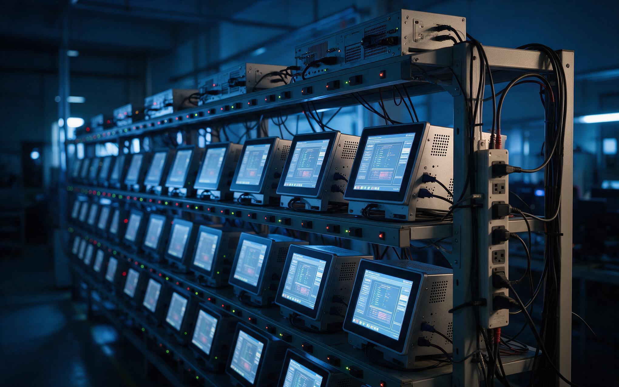Aging test rack with rows of panel PCs powered under load and logged by serial number before shipment