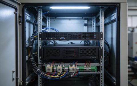 A 1U and a 2U rackmount industrial pc mounted side by side inside an open 19 inch control cabinet