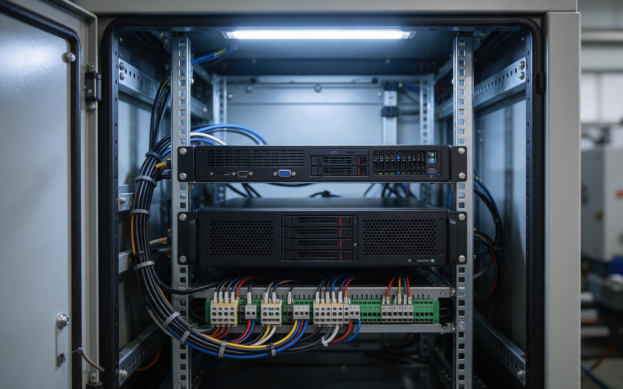 1U and 2U chassis height comparison A 1U and a 2U rackmount industrial pc mounted side by side inside an open 19 inch control cabinet
