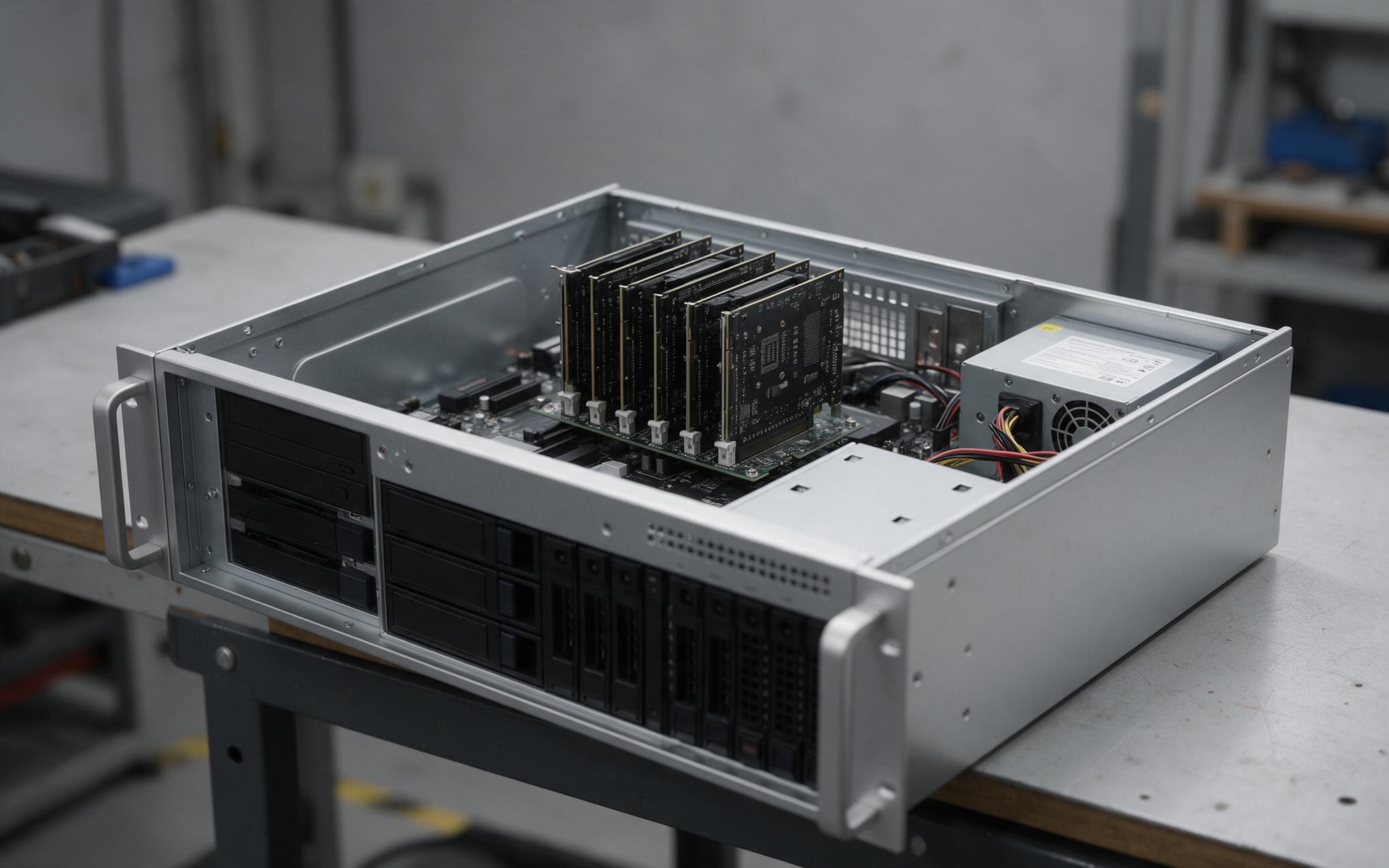 Expansion card budget inside a 2U chassis Rear interior of a 2U rackmount industrial pc showing full height expansion cards on a riser and drive bays