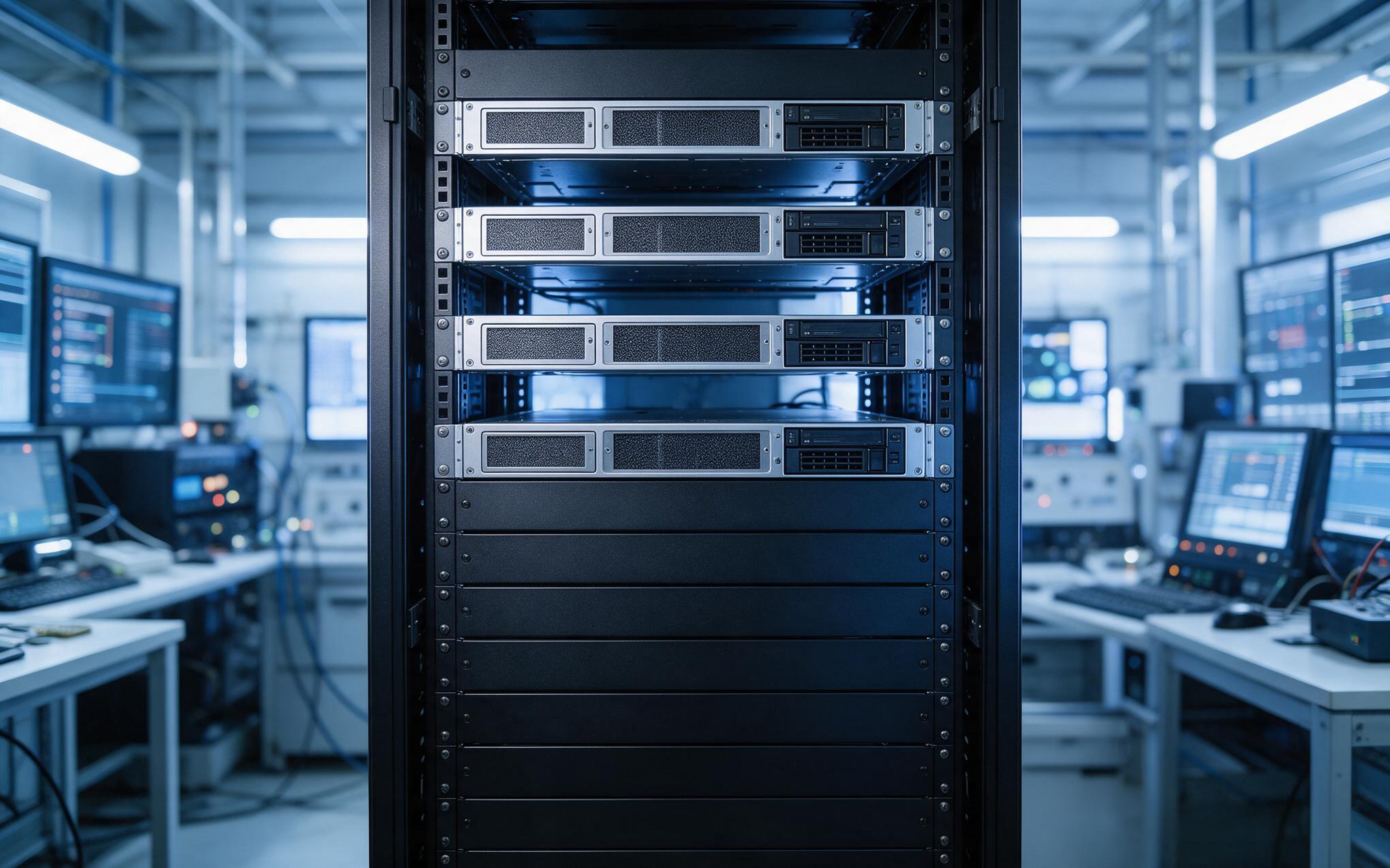 Filter panels and blanking panels in a rack Front intake filters and blanking panels on rackmount industrial pc units in a front to back server rack