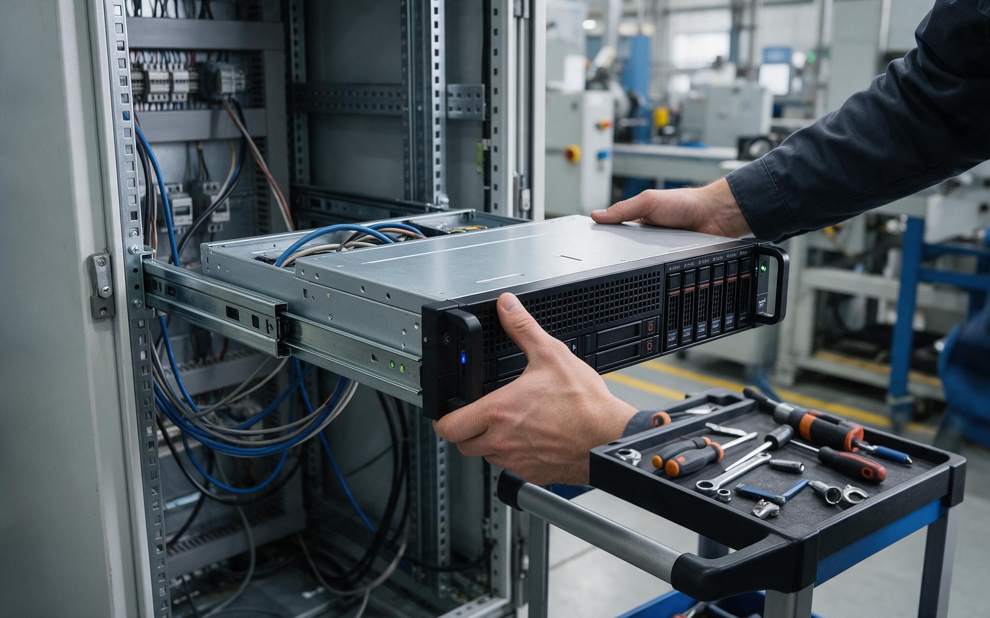 Rail access for in place service Technician sliding a rackmount industrial pc out on rail kits for maintenance in a plant control cabinet