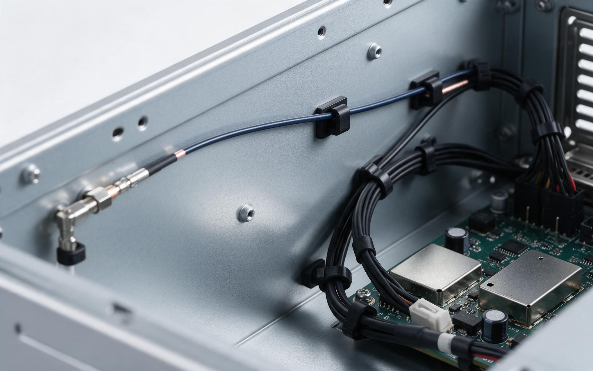Antenna coax routed along the chassis wall away from the power harness in an industrial all in one pc
