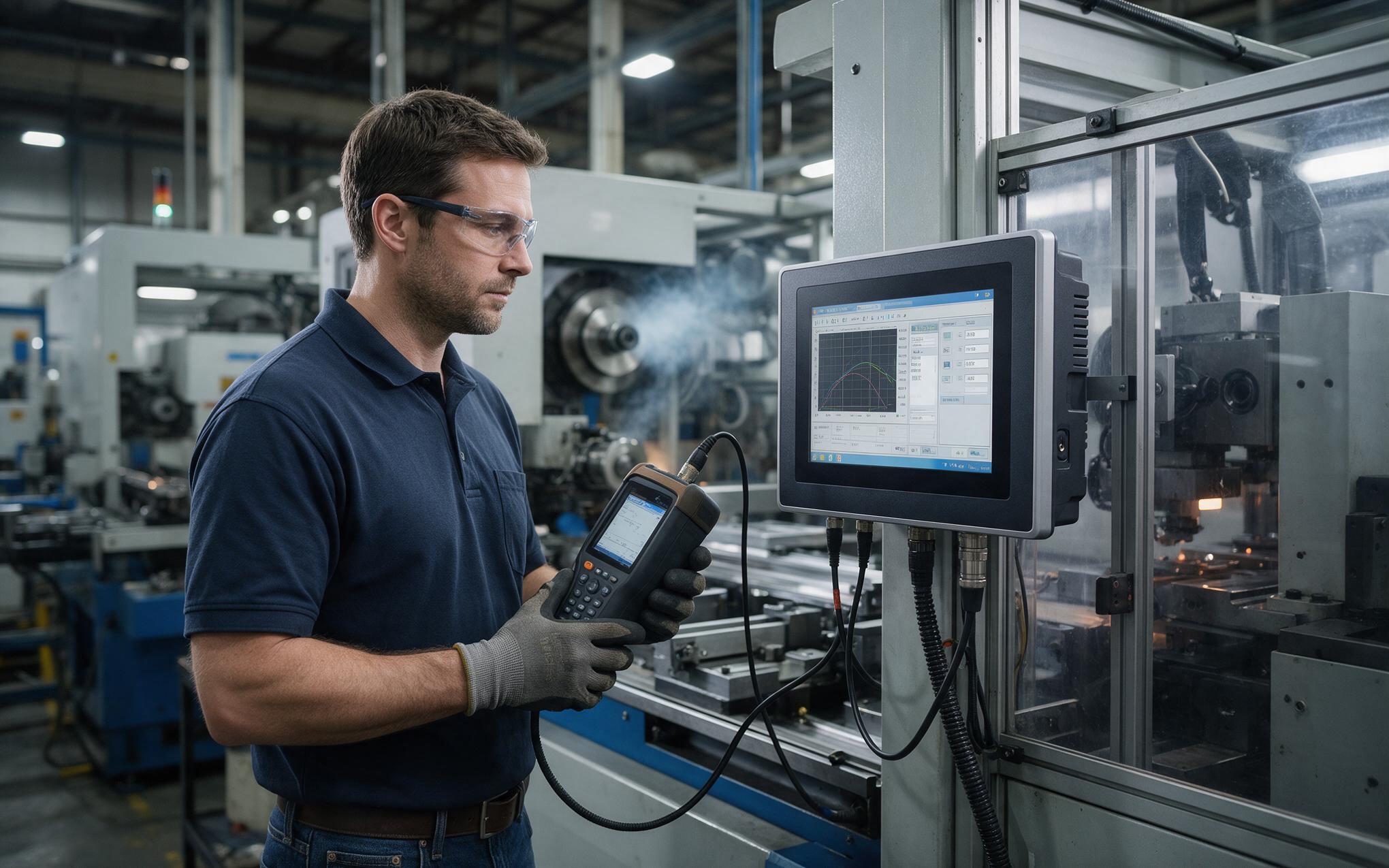 Field engineer checking wireless signal on a fanless industrial all in one pc during commissioning