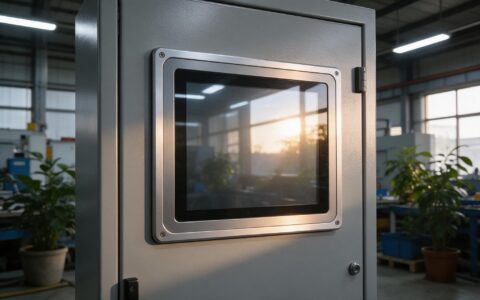 Front glass of an industrial panel mount touch screen catching overhead light inside a control cabinet