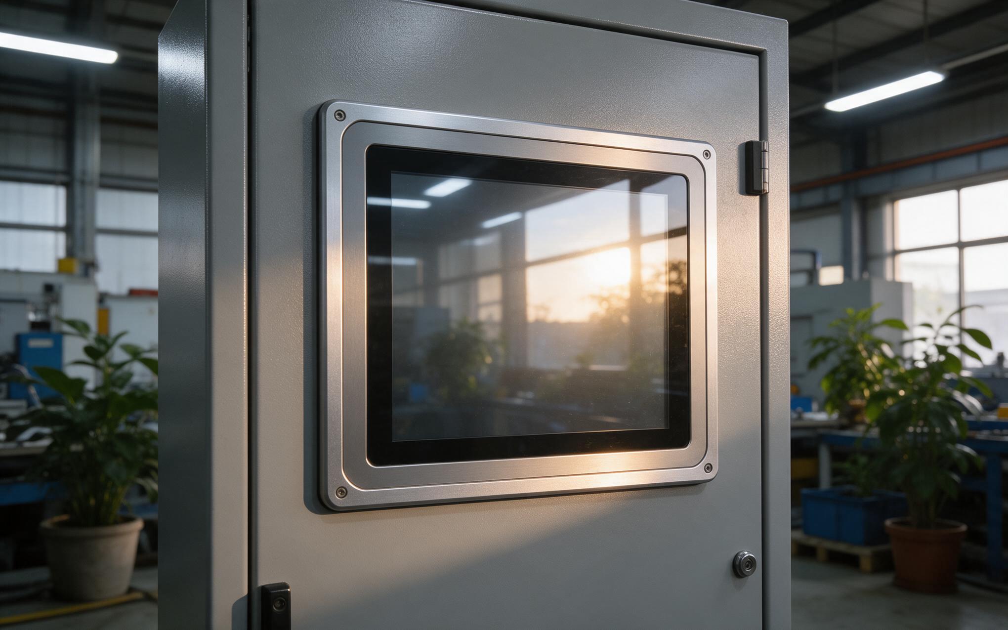Front glass of an industrial panel mount touch screen catching overhead light inside a control cabinet