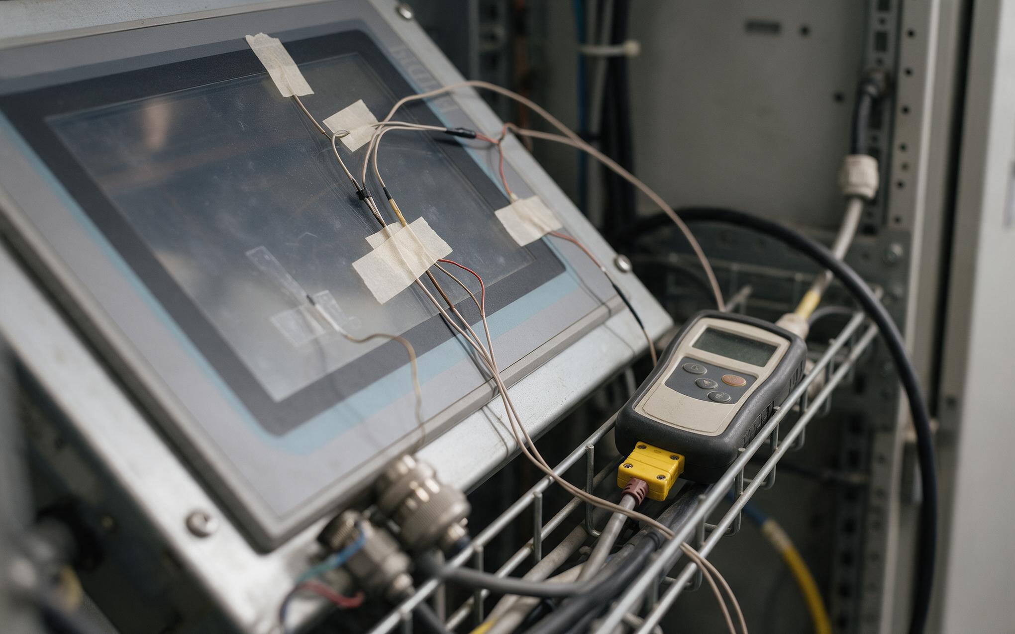 Thermocouple wires taped to the glass of a panel mounted industrial display during a shift temperature log