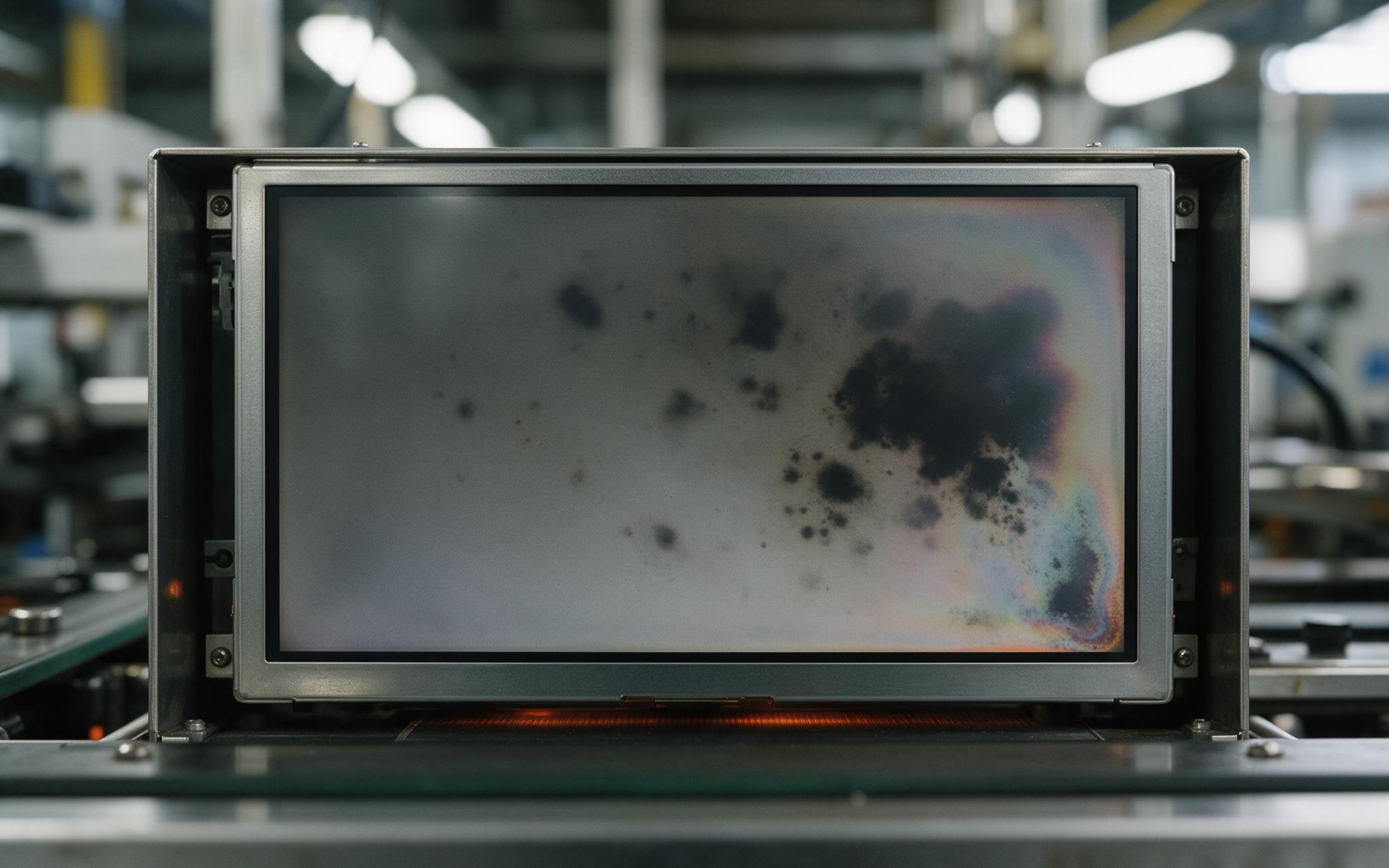 Dark blotches and washed out color on an overheated industrial touch screen panel after a hot shift