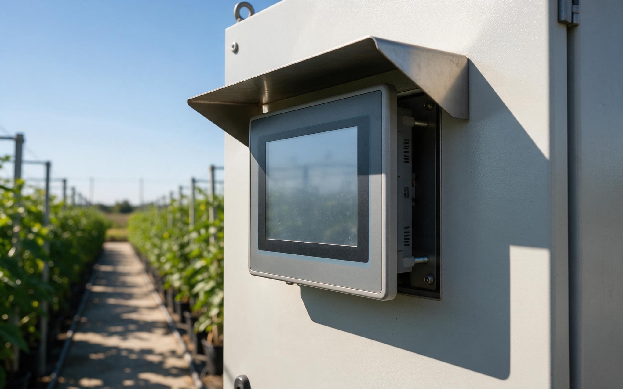 Industrial panel mount touch screen installed with a shade visor and rear standoff gap in a sunlit cabinet