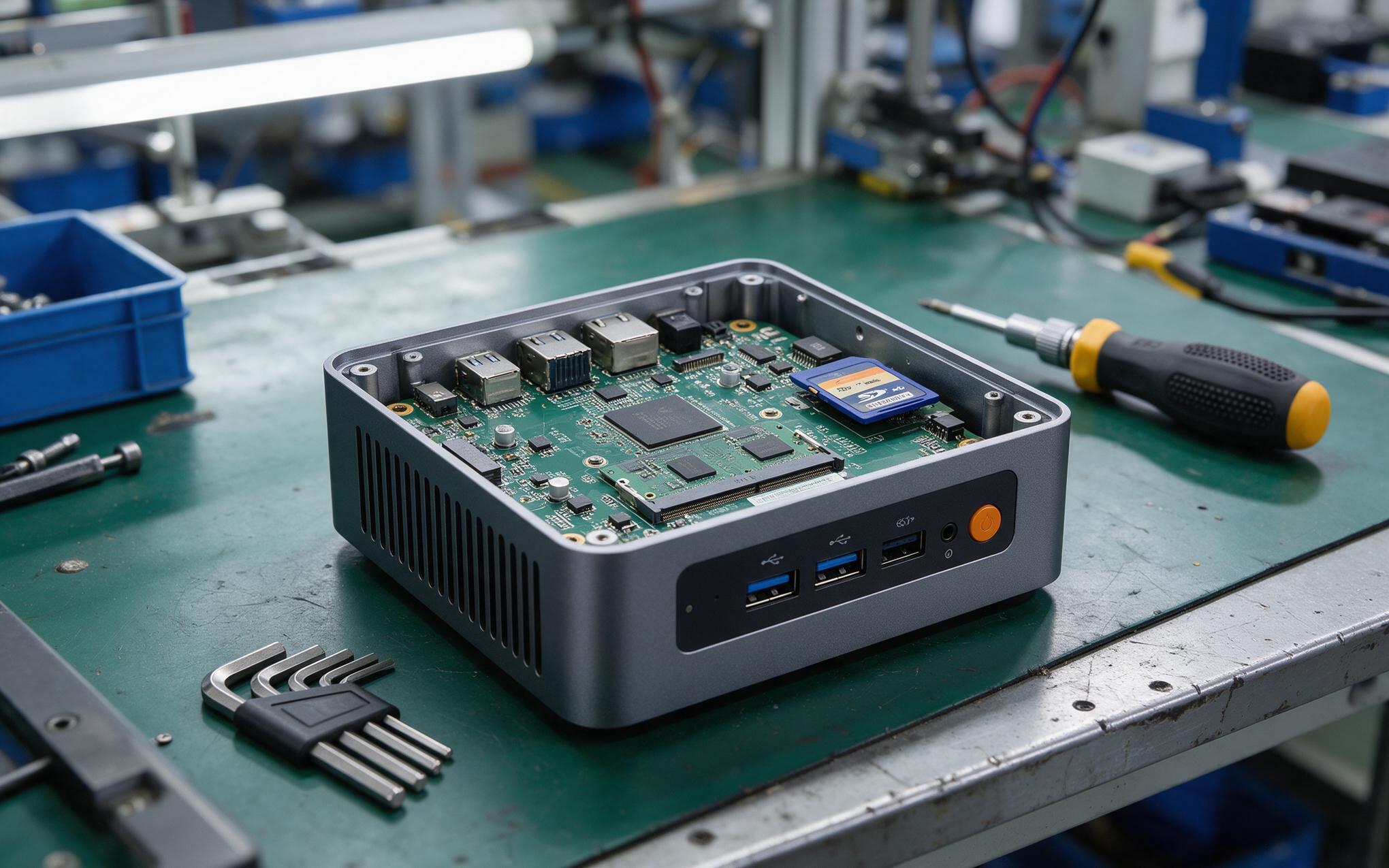 SD card seated in a compact automation box Full size SD card seated in the slot of a compact fanless industrial pc for automation opened on a maintenance bench