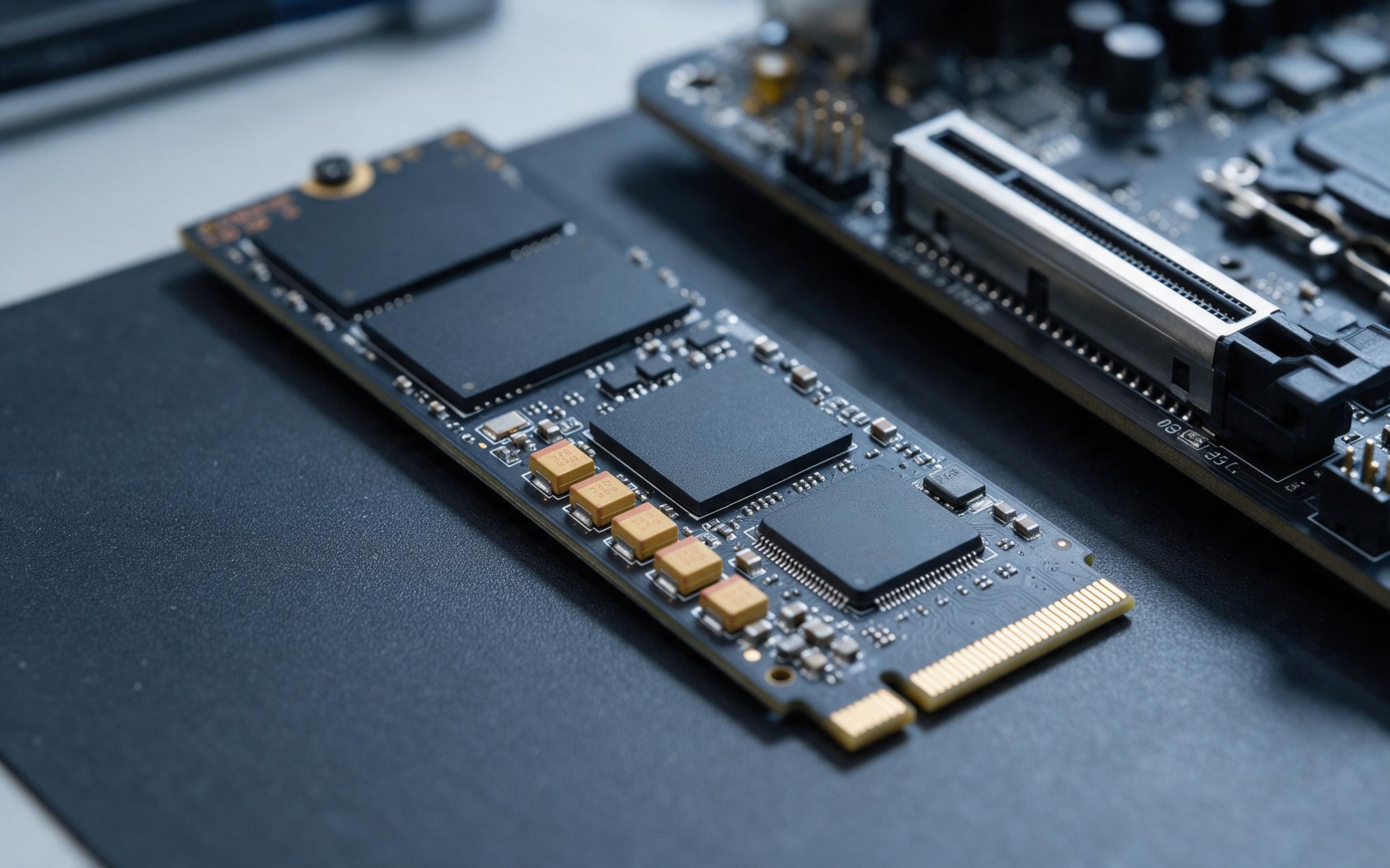 Power loss protection capacitors on the module Industrial SSD module with power loss protection capacitors next to an automation PC mainboard