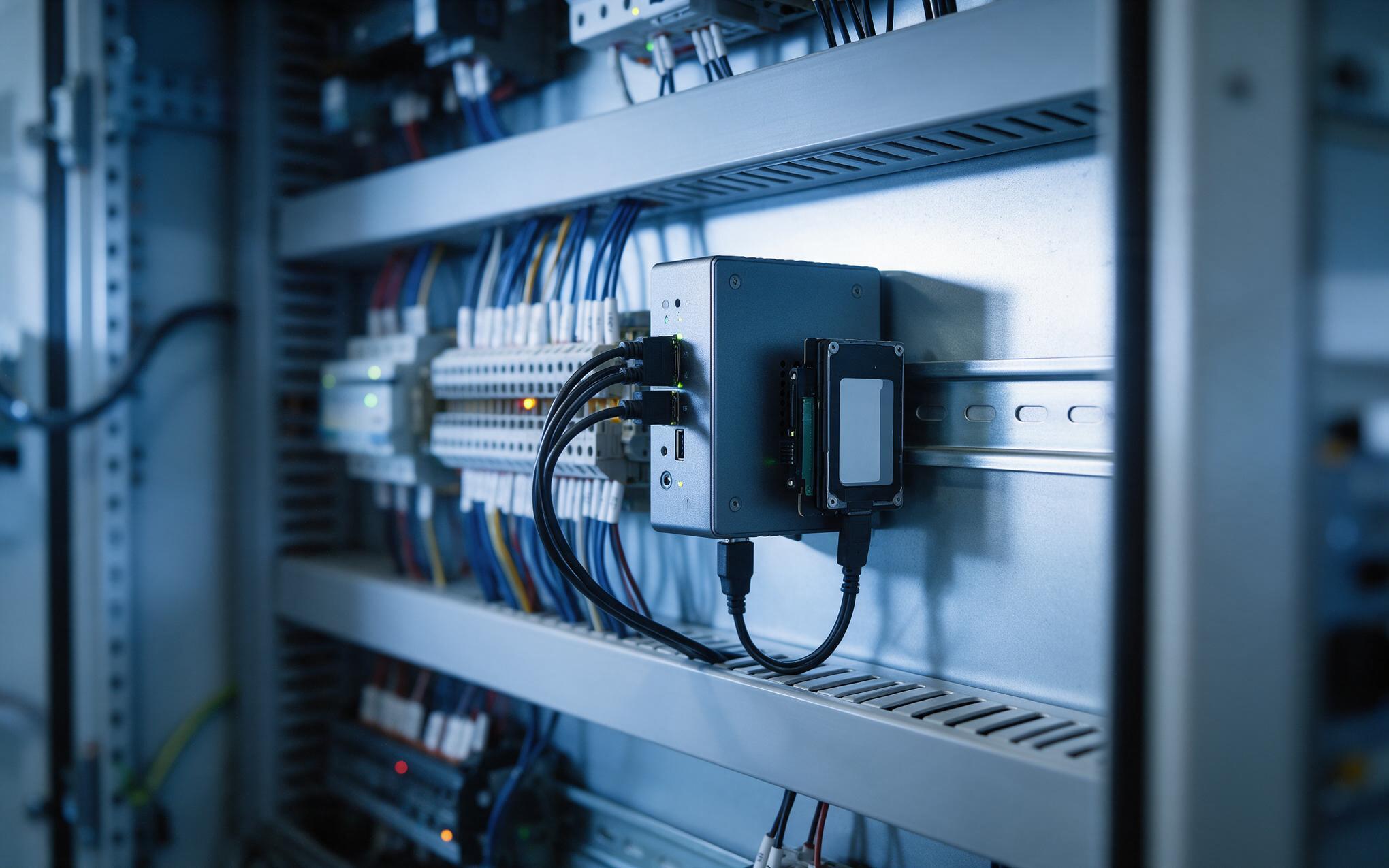 Box PC running a read only image Fanless industrial PC on a DIN rail inside a control cabinet running a read only operating system