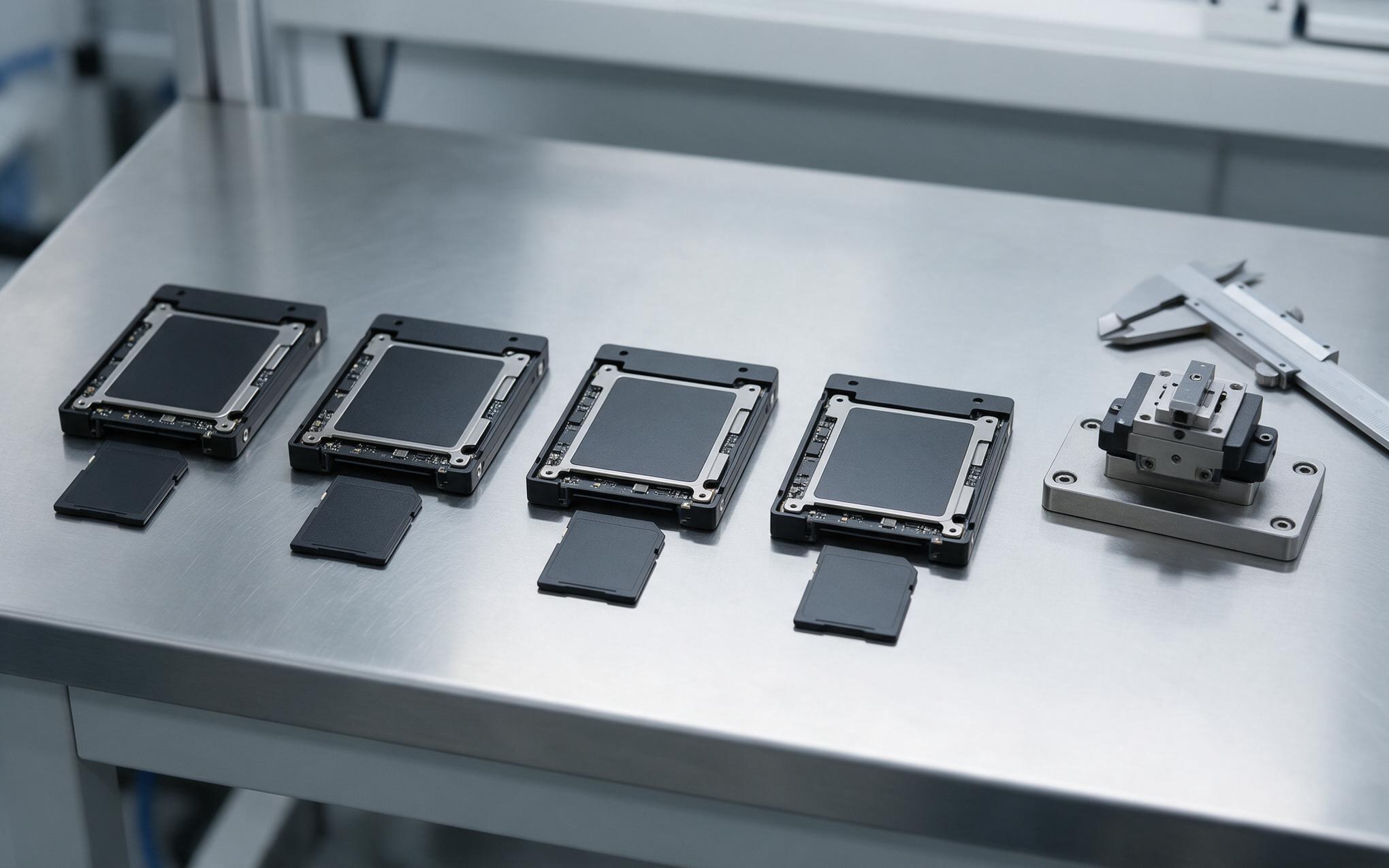 Storage modules staged for qualification Industrial SSD modules and memory cards staged for endurance qualification in a quality lab