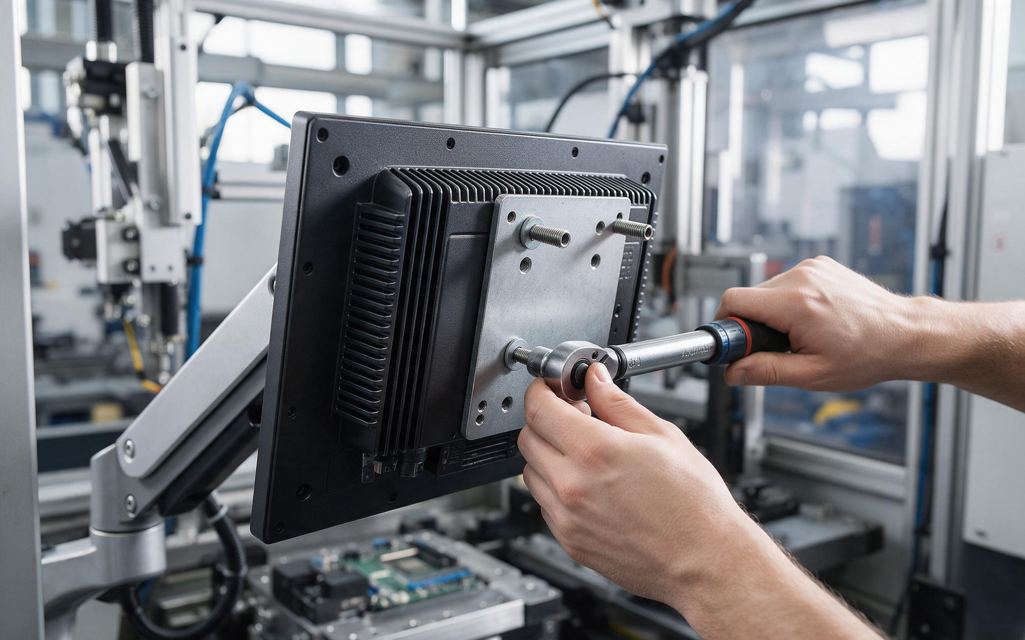 Torque check on the rear boss Torque wrench checking thread engagement on an embedded panel pc rear mounting boss