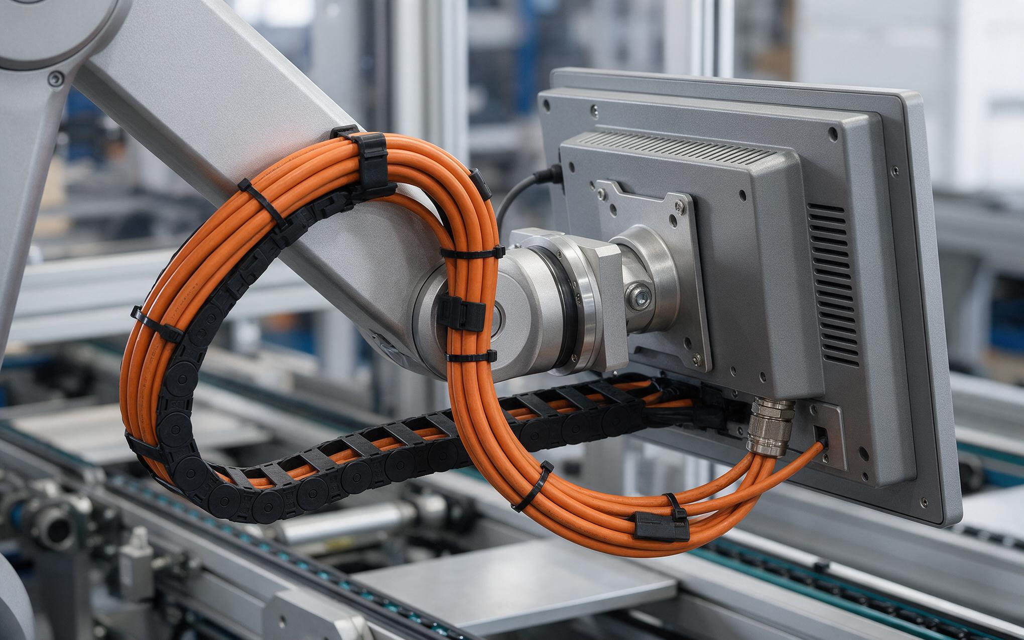 Service loop at the pivot Service loop routing for the harness of an embedded panel pc through an arm pivot