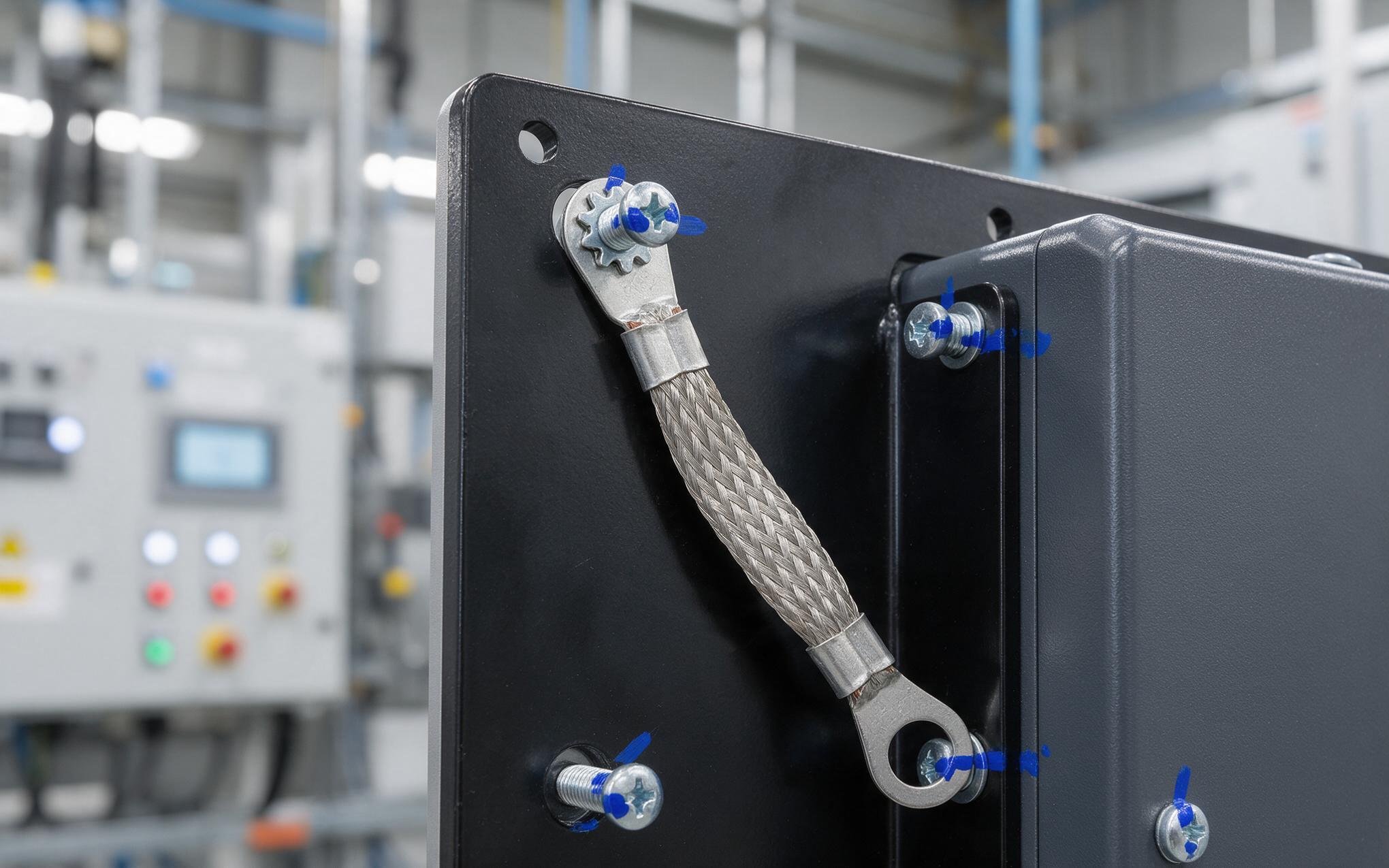Bonding plate and witness marks Ground strap and witness marks on an embedded panel pc arm mounting plate