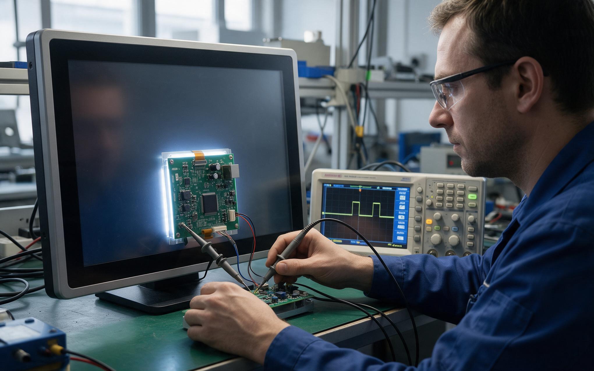Scope trace of the dimming waveform Touch screen monitor for industrial use on a test bench with an oscilloscope measuring the backlight dimming waveform