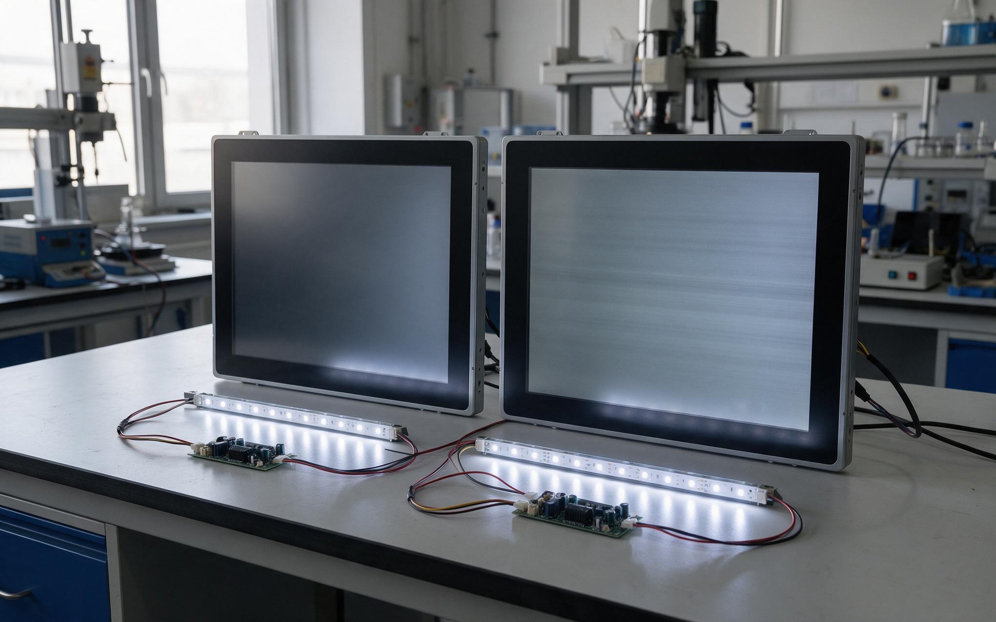 DC drive compared with PWM drive Two industrial touch screen monitors side by side comparing dc dimming and pwm dimming behavior