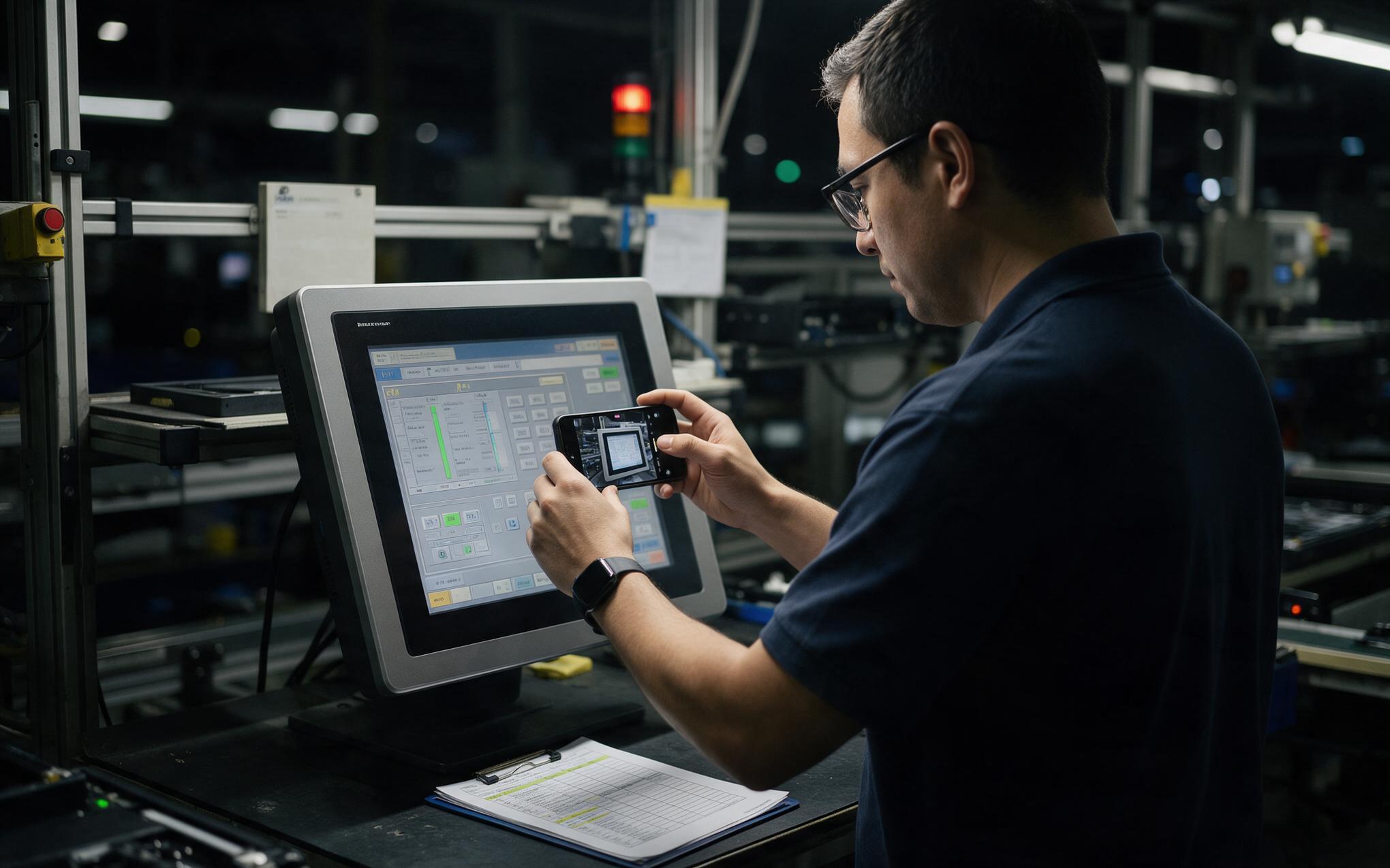 Camera check at minimum brightness Technician recording an industrial touch screen monitor with a phone during a night shift flicker check