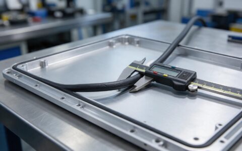 Compression set flattened into the EPDM gasket of a fanless industrial panel pc opened on a service bench