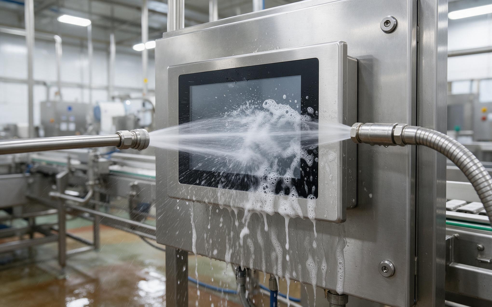 Washdown spray striking the bezel seal of an industrial panel pc on a food processing line